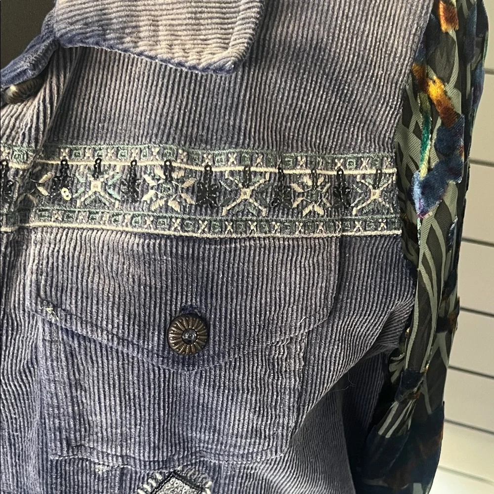 John Mark Jacket Dark Blue Corduroy Beaded Velvet Burnout Sleeves Medium - Picture 3 of 13